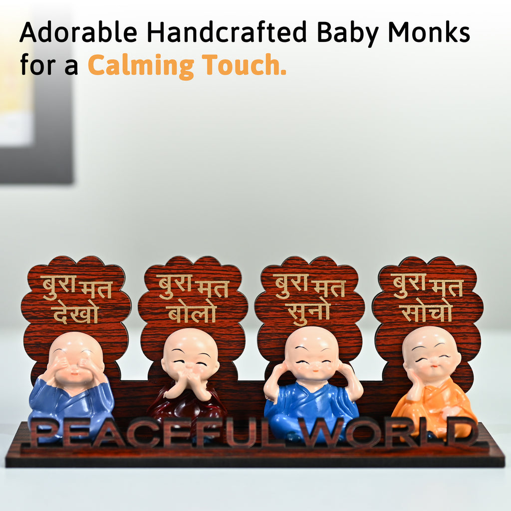 HindCraft Peaceful World Four Monk Showpiece with Hindi Quotes for Home Décor