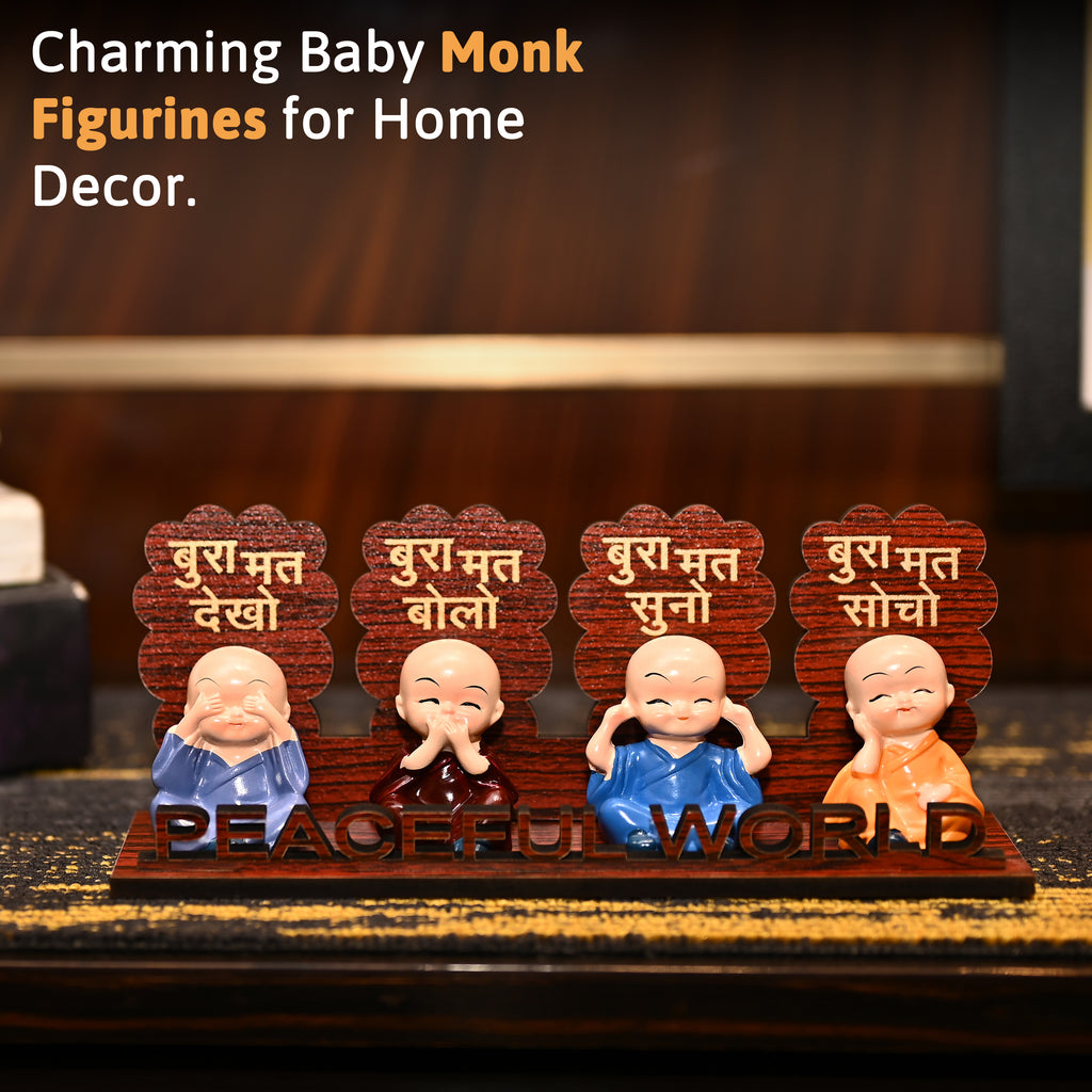 HindCraft Peaceful World Four Monk Showpiece with Hindi Quotes for Home Décor