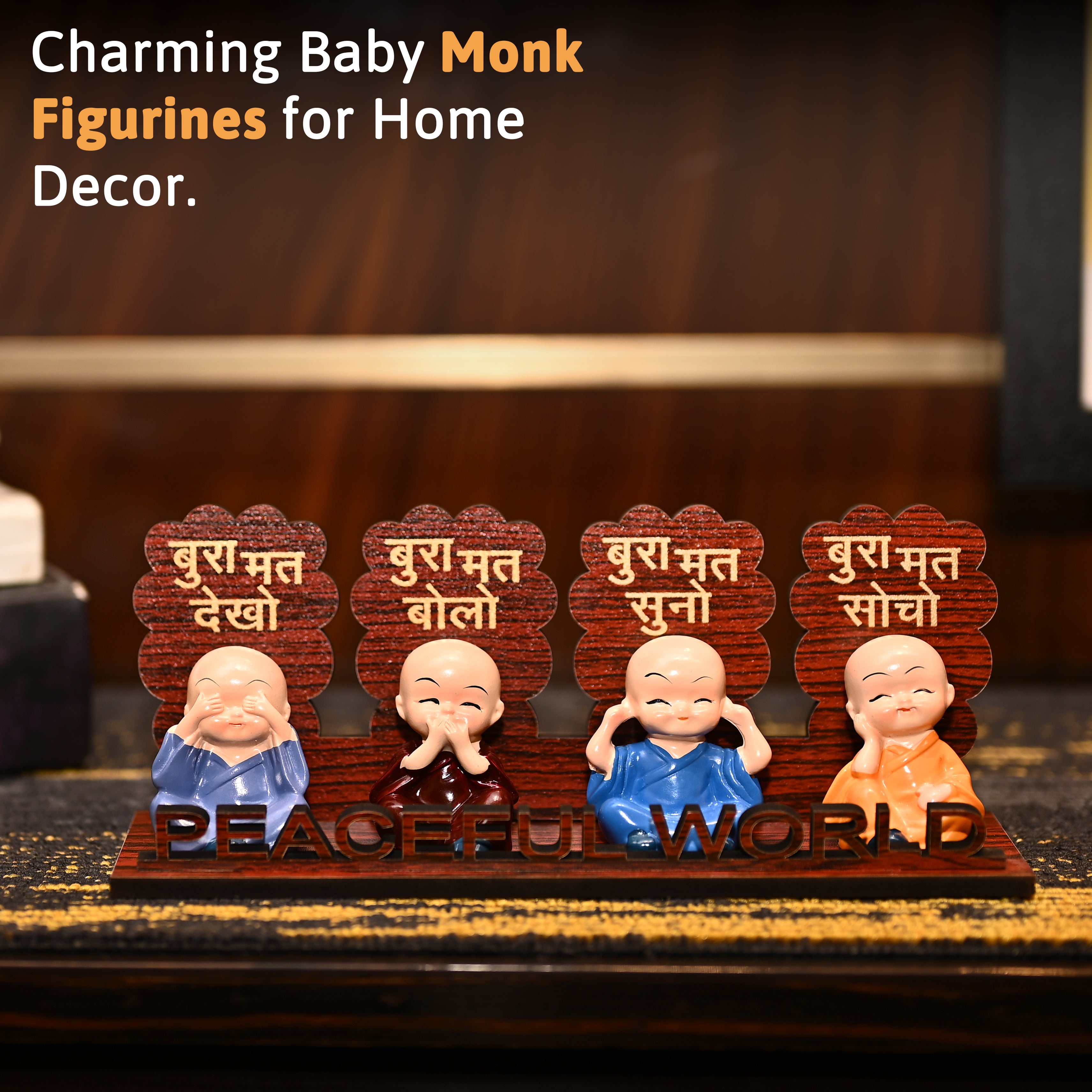 HindCraft Peaceful World Four Monk Showpiece with Hindi Quotes for Home Décor