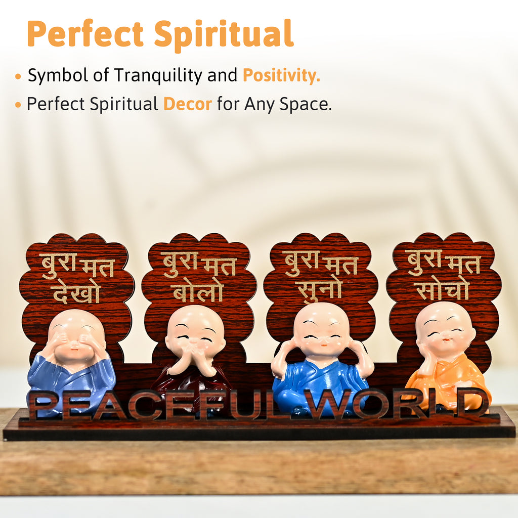 HindCraft Peaceful World Four Monk Showpiece with Hindi Quotes for Home Décor