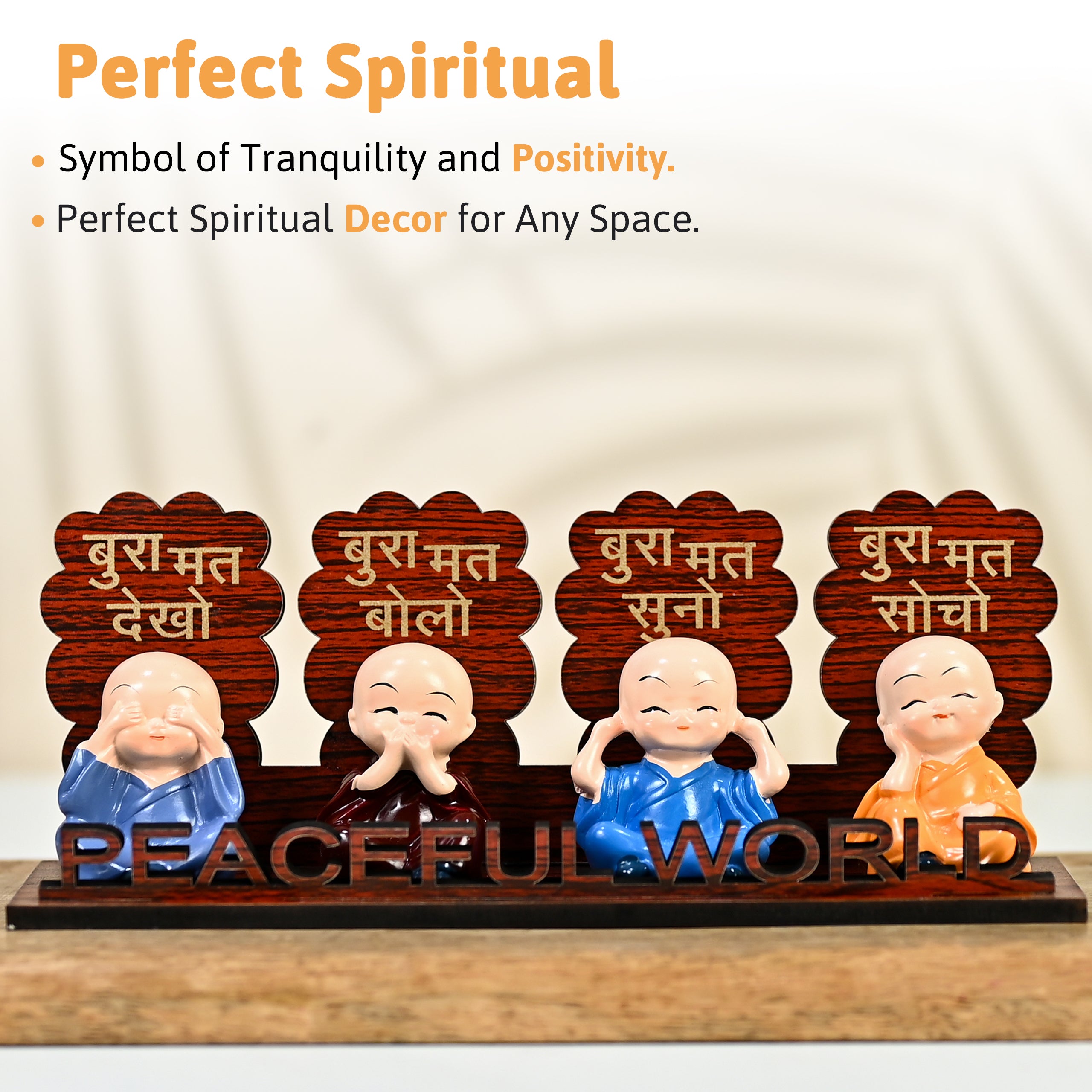 HindCraft Peaceful World Four Monk Showpiece with Hindi Quotes for Home Décor
