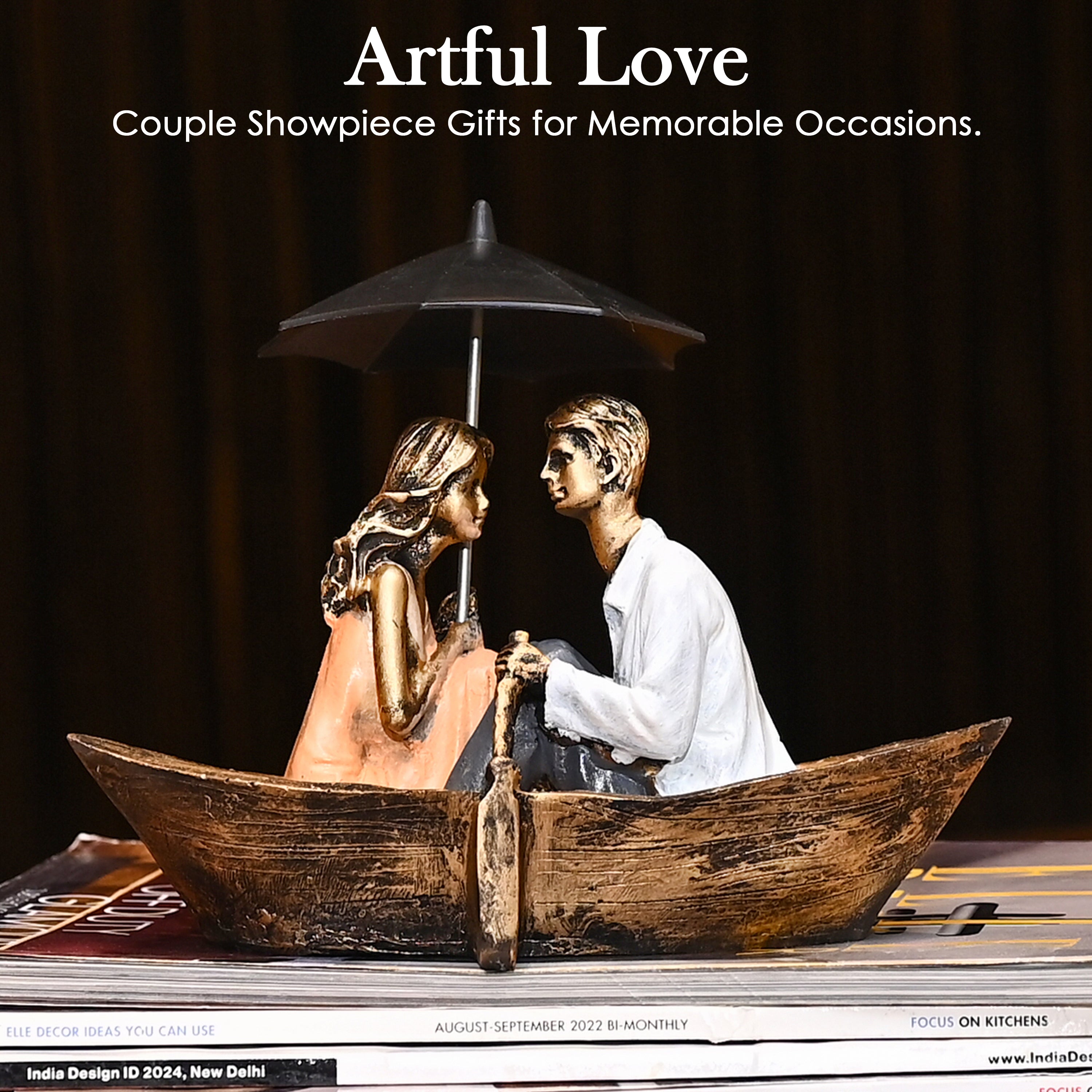HindCraft Romantic Couple Boat Showpiece with Umbrella for Home, Living Room, Bedroom & Table Décor