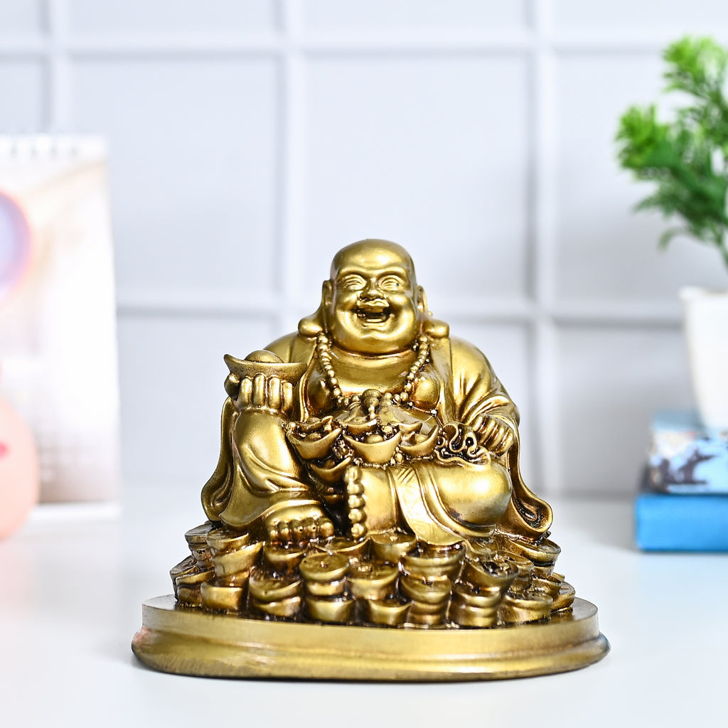 HindCraft Golden Laughing Buddha Idol with Wealth Pot for Home, Office & Table Décor