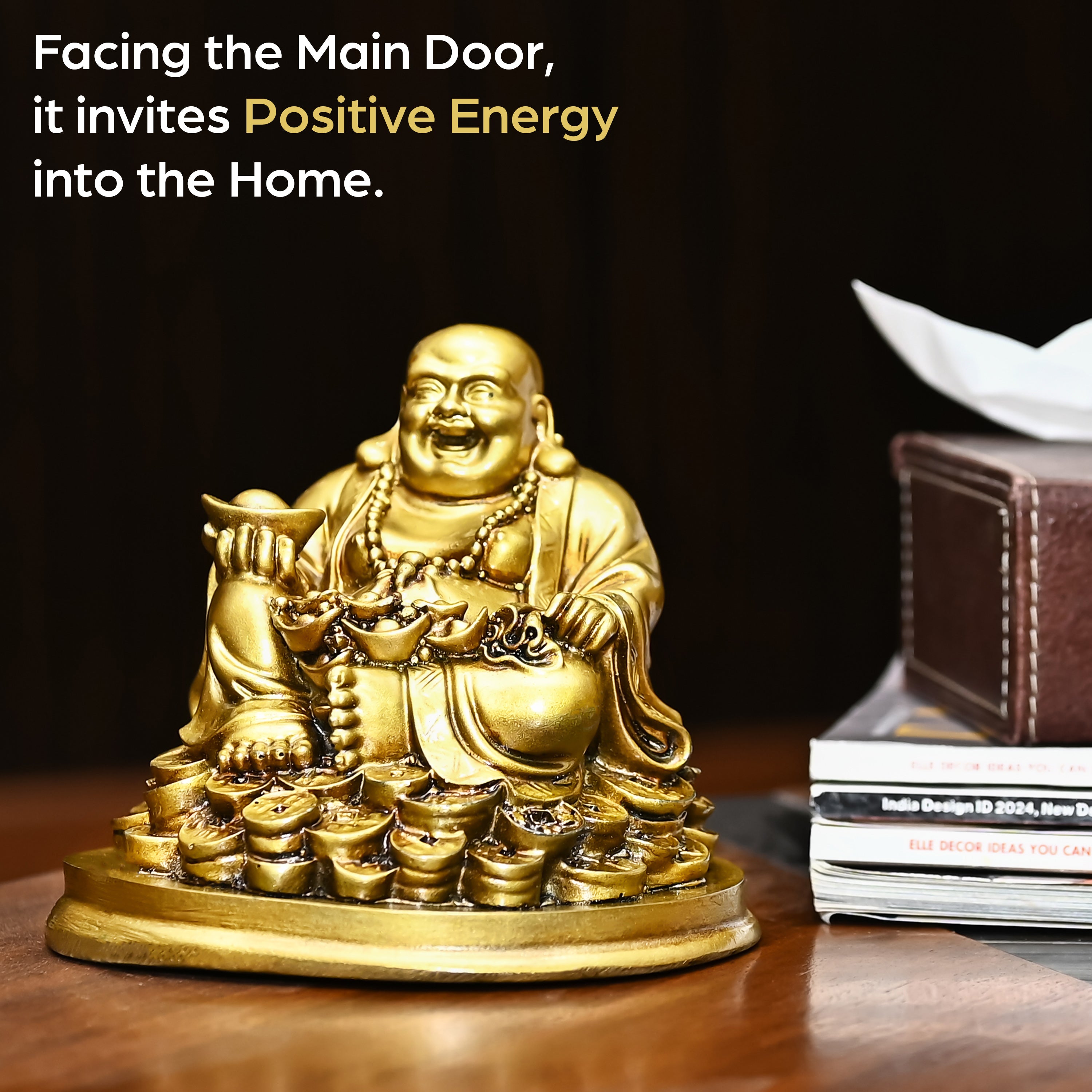 HindCraft Golden Laughing Buddha Idol with Wealth Pot for Home, Office & Table Décor