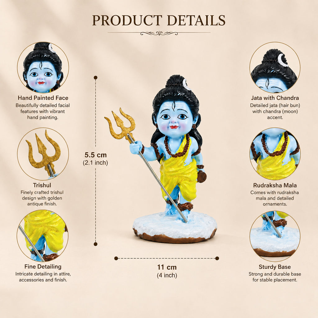 HindCraft Bal Shiv Idol with Trishul | Baby Lord Shiva Resin Showpiece for Home Temple, Office & Spiritual Décor