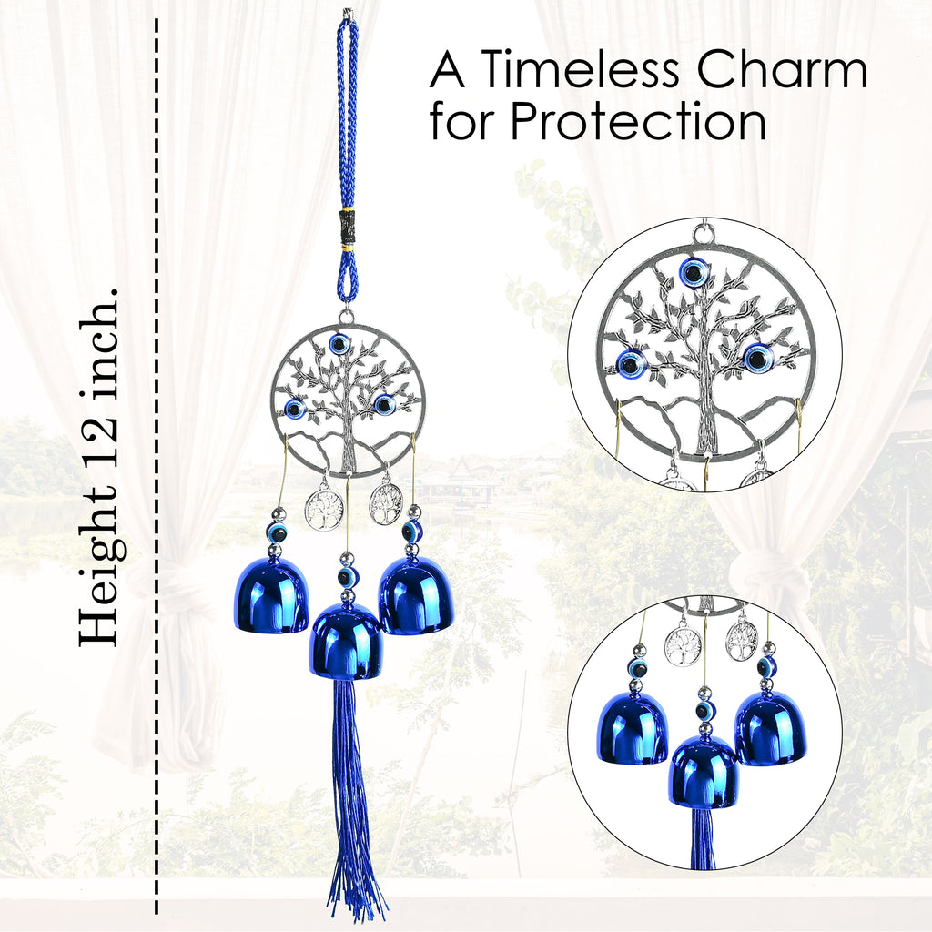 HindCraft Tree of Life Evil Eye Hanging with Blue Bells & Tassel | Turkish Nazar Wall & Door Decor