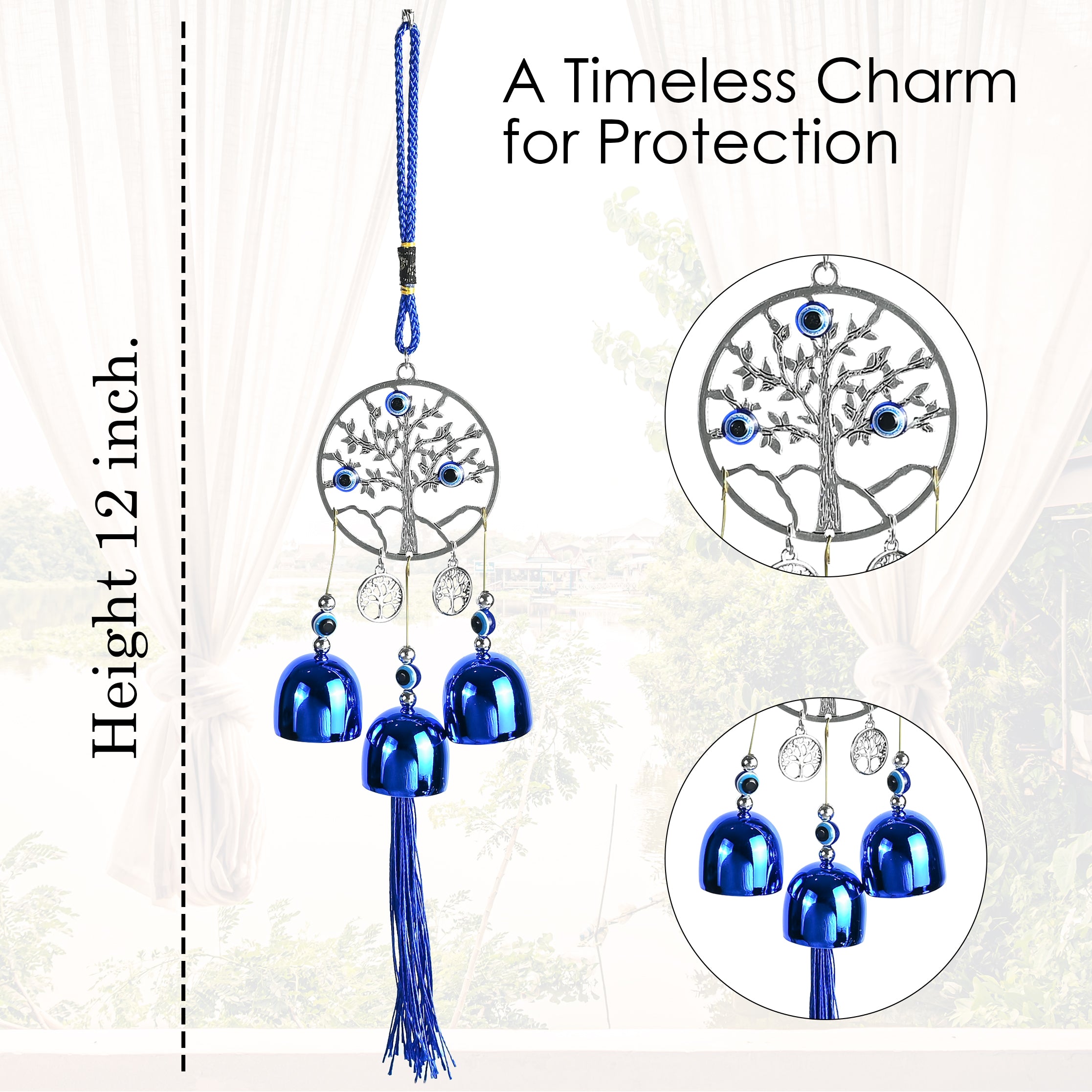 HindCraft Tree of Life Evil Eye Hanging with Blue Bells & Tassel | Turkish Nazar Wall & Door Decor