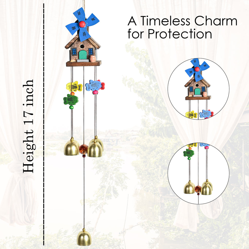 HindCraft Wooden House Wind Chime with Brass Bells for Home Decor