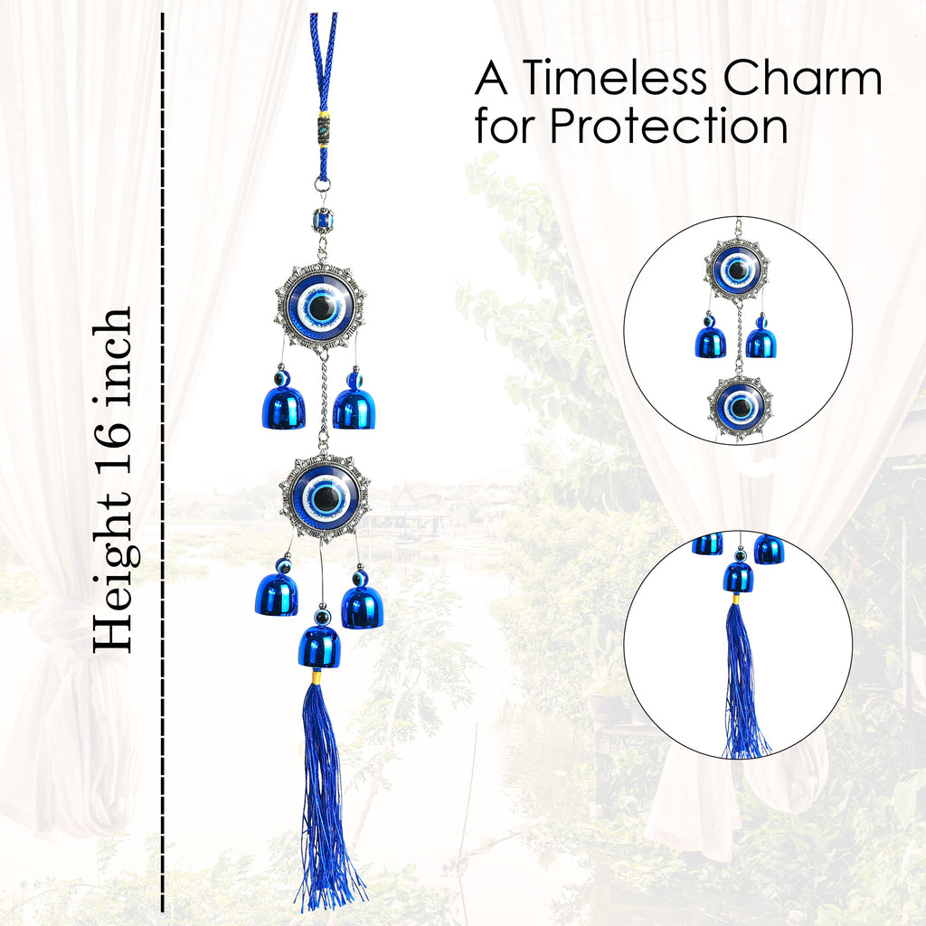 HindCraft Double Evil Eye Hanging with Blue Bells & Tassel | Turkish Nazar Wall & Door Decor