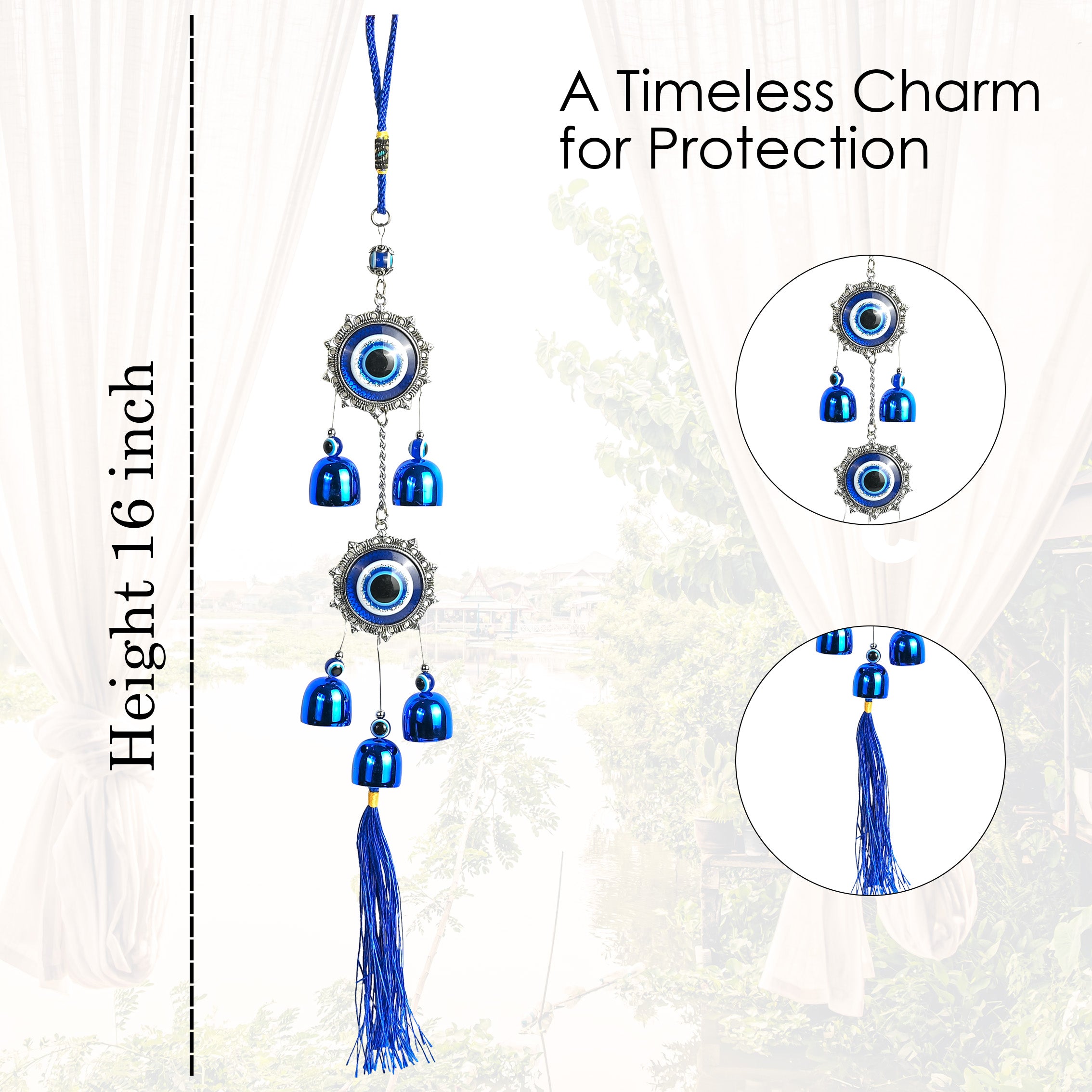 HindCraft Double Evil Eye Hanging with Blue Bells & Tassel | Turkish Nazar Wall & Door Decor