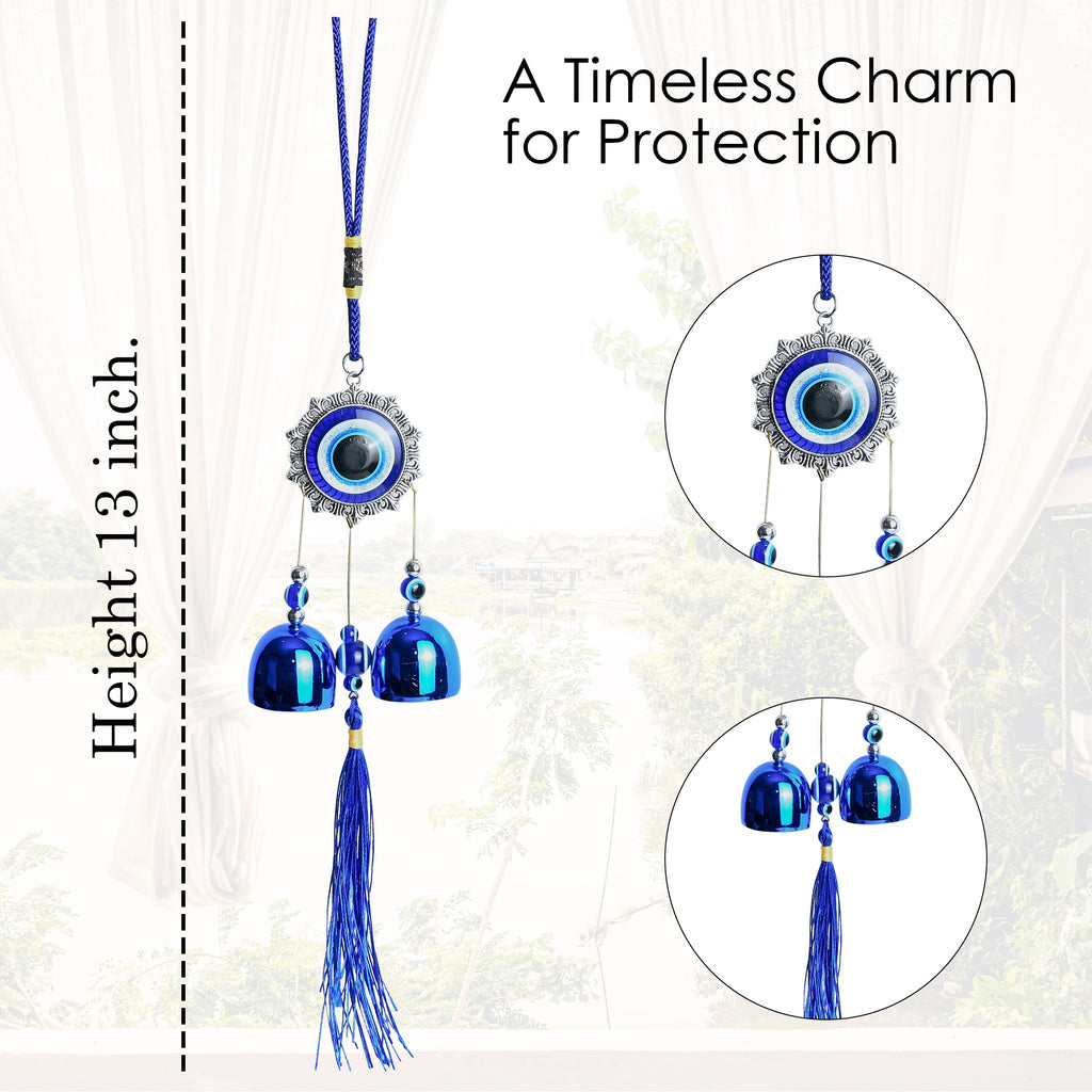 HindCraft Evil Eye Wind Chime Hanging with Blue Bells & Tassel for Home Entrance, Balcony, Door & Wall Décor