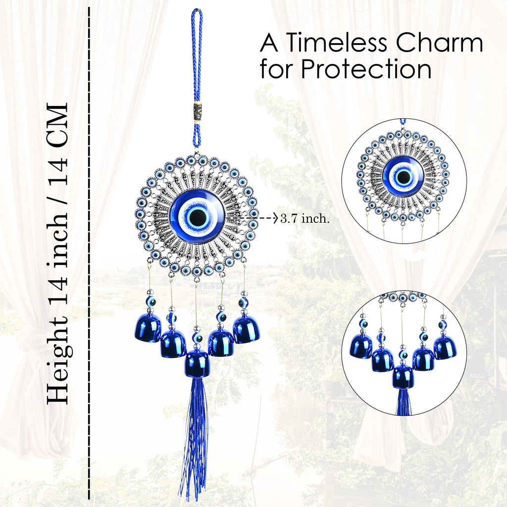 HindCraft Evil Eye Hanging Wall Decor with Blue Bells & Tassel | Turkish Nazar Protection Hanging Ornament for Home, Office, Door & Car
