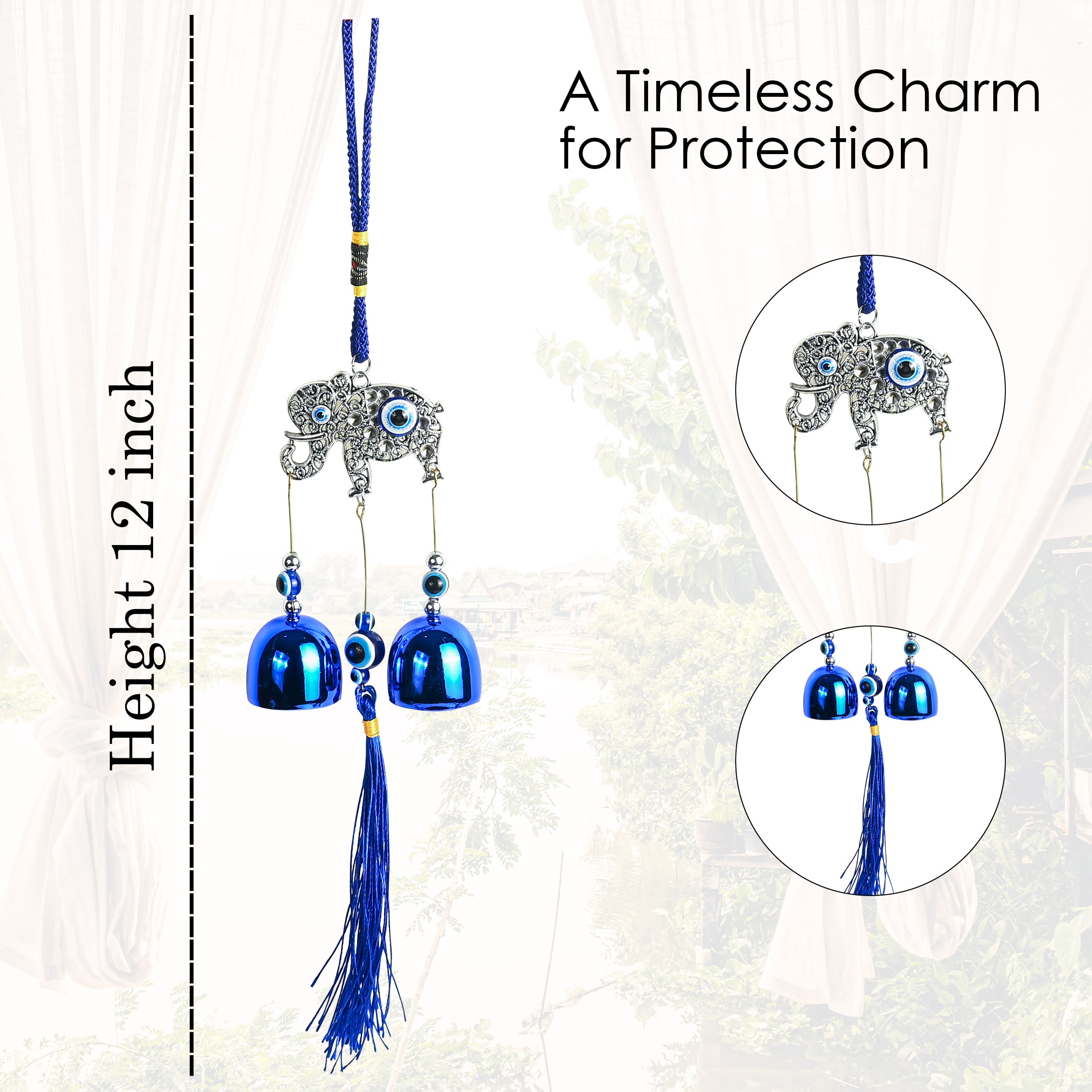 HindCraft Elephant Evil Eye Hanging with Blue Bells & Tassel | Turkish Nazar Wall & Door Decor