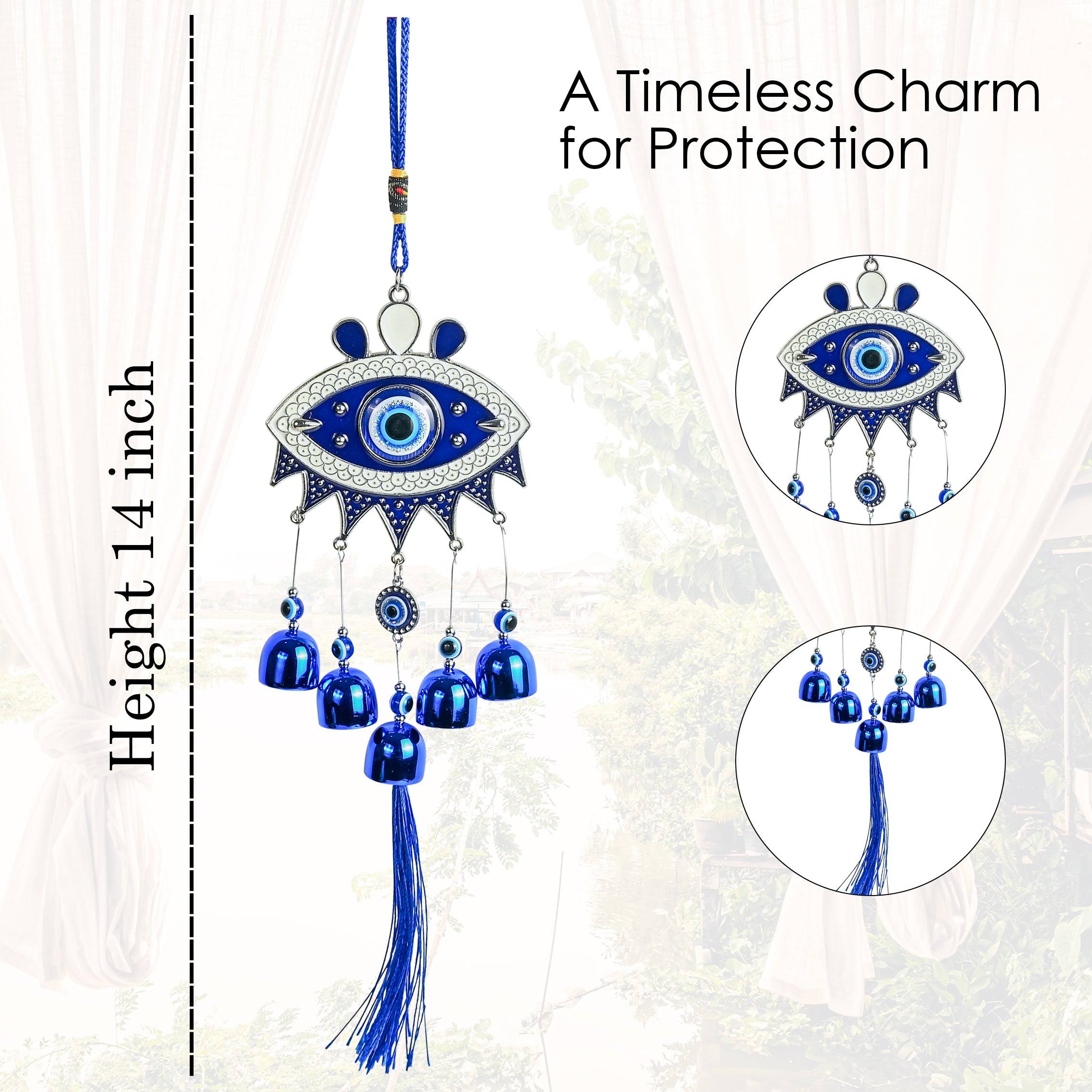 HindCraft Hamsa Evil Eye Hanging with Blue Bells & Tassel | Turkish Nazar Wall & Door Decor