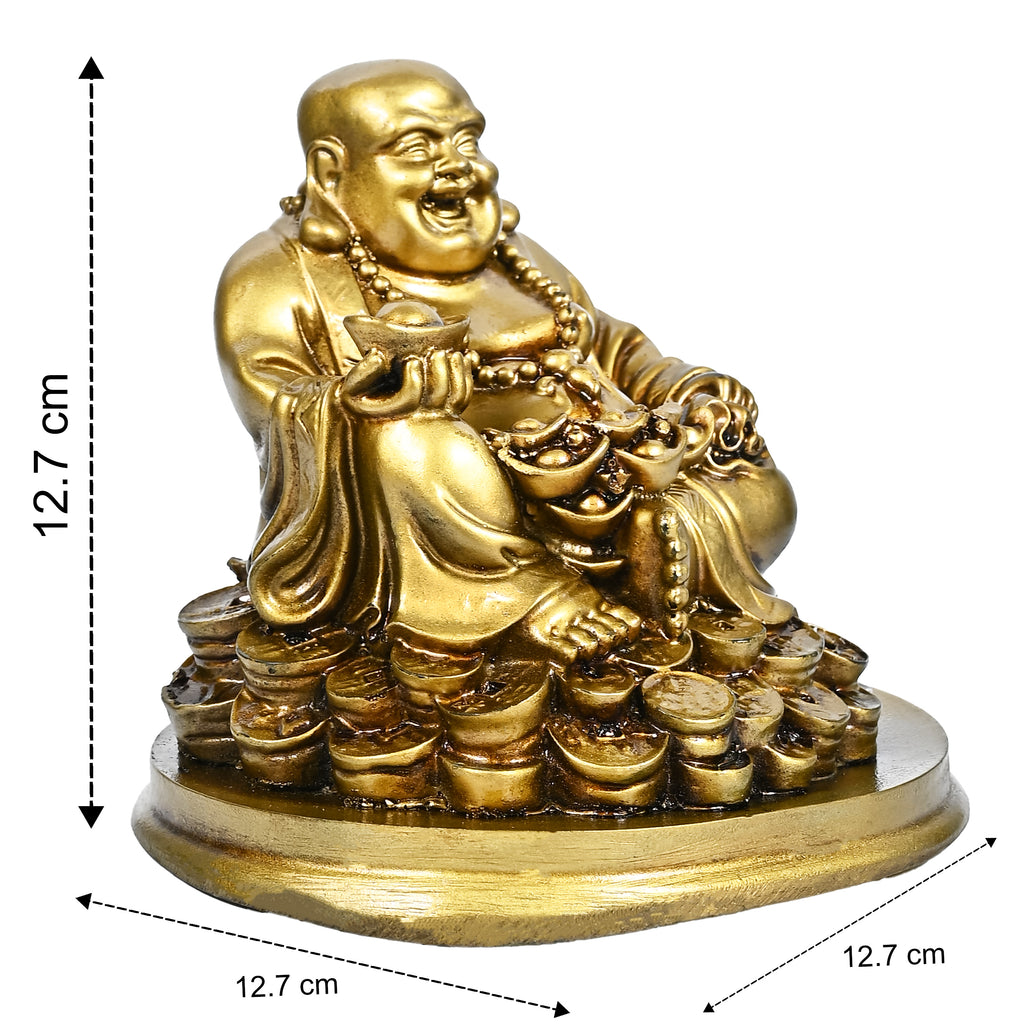 HindCraft Golden Laughing Buddha Idol with Wealth Pot for Home, Office & Table Décor