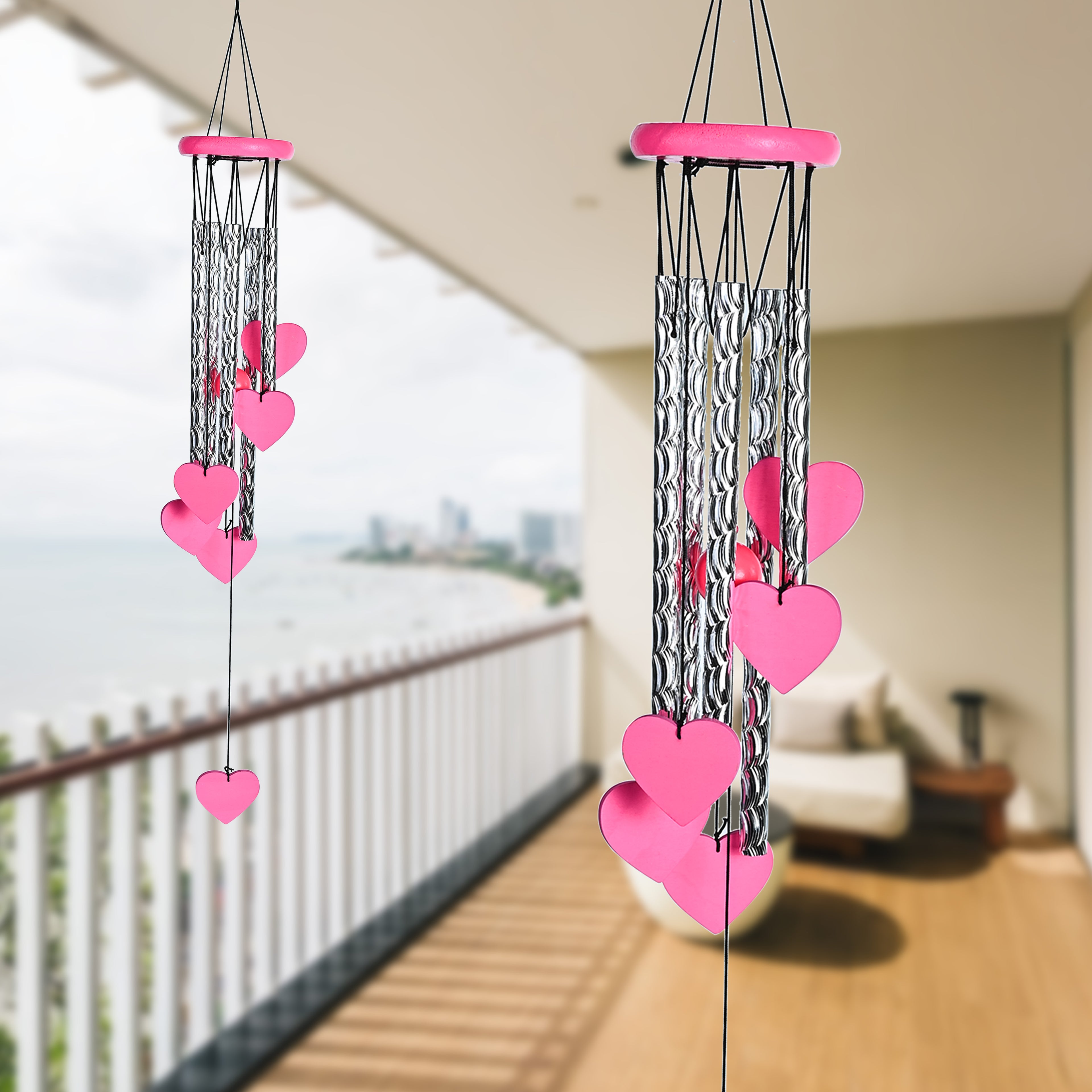 HindCraft Pink Heart Wind Chime for Home Décor, Balcony Hanging, Romantic Gift