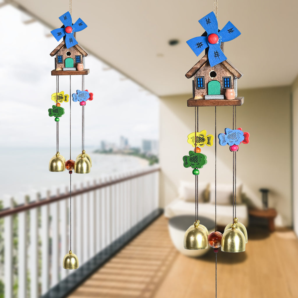 HindCraft Wooden House Wind Chime with Brass Bells for Home Decor
